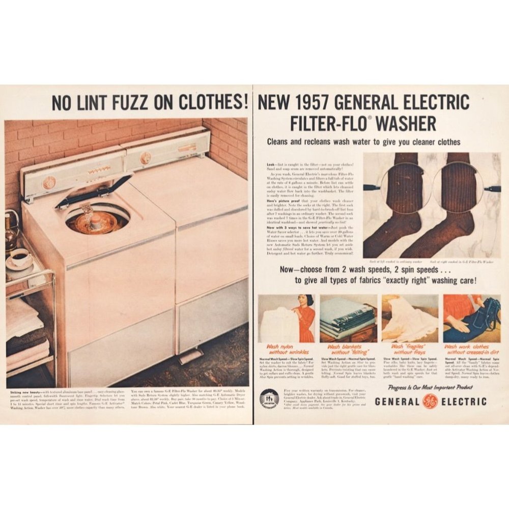 1957 GE General Electric Filter Flo Washing Machine 2 Page Vintage Print Ad Art